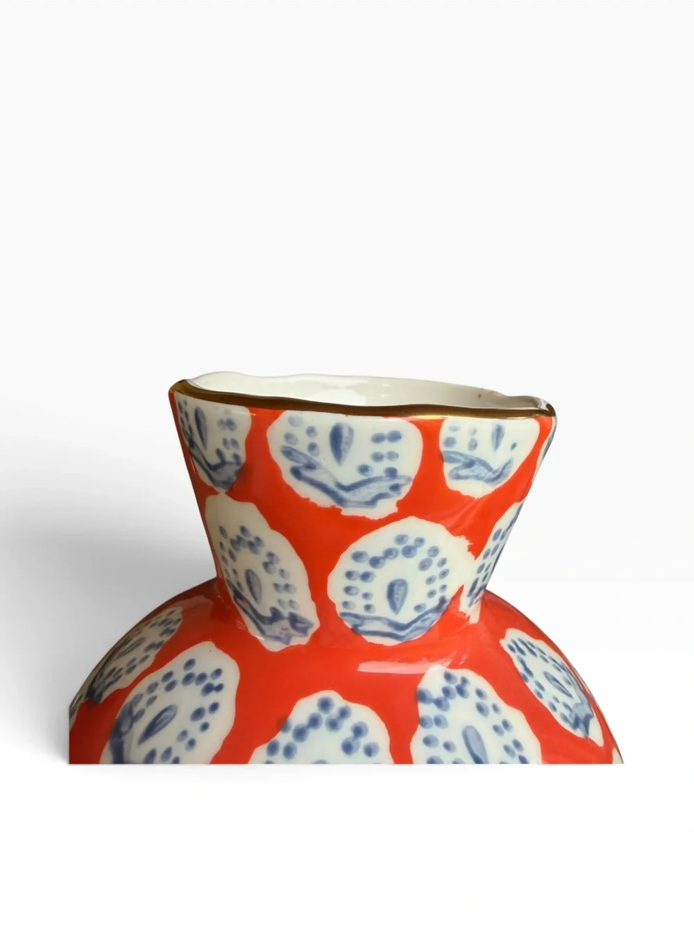 Anthropologie Elza Vase Hand Painted Gold Trim Orange Blue 7.5